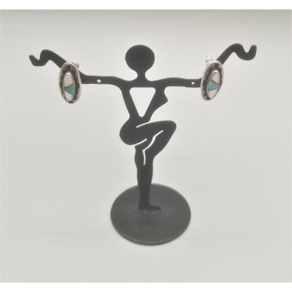 Teme Sterling 925 Inlayed Stones Ethnic Native American Acoma Earrings Signed - Picture 3 of 6